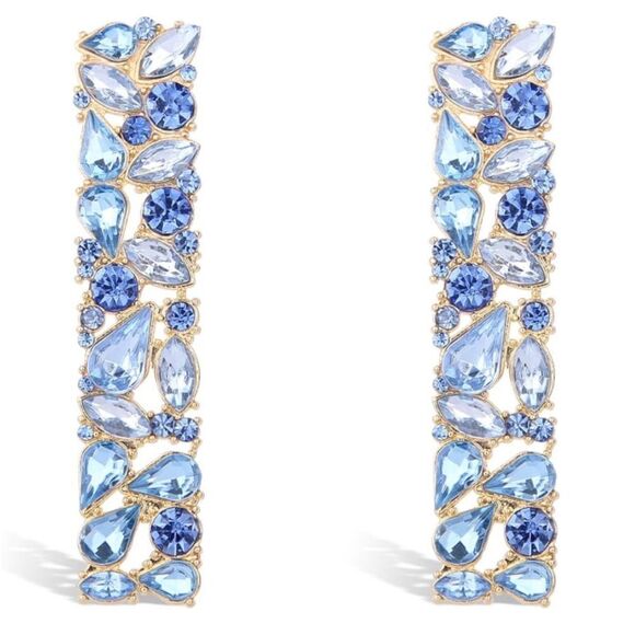 Yellow Gold with Blue Sapphire Crystal Geometric Rectangle Post Back Earrings - Picture 1 of 6